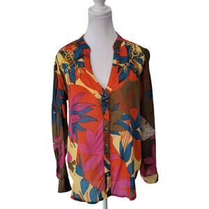 Chic Connection Size L Bright Floral Sheer Brown Roll Tab Button Up Top